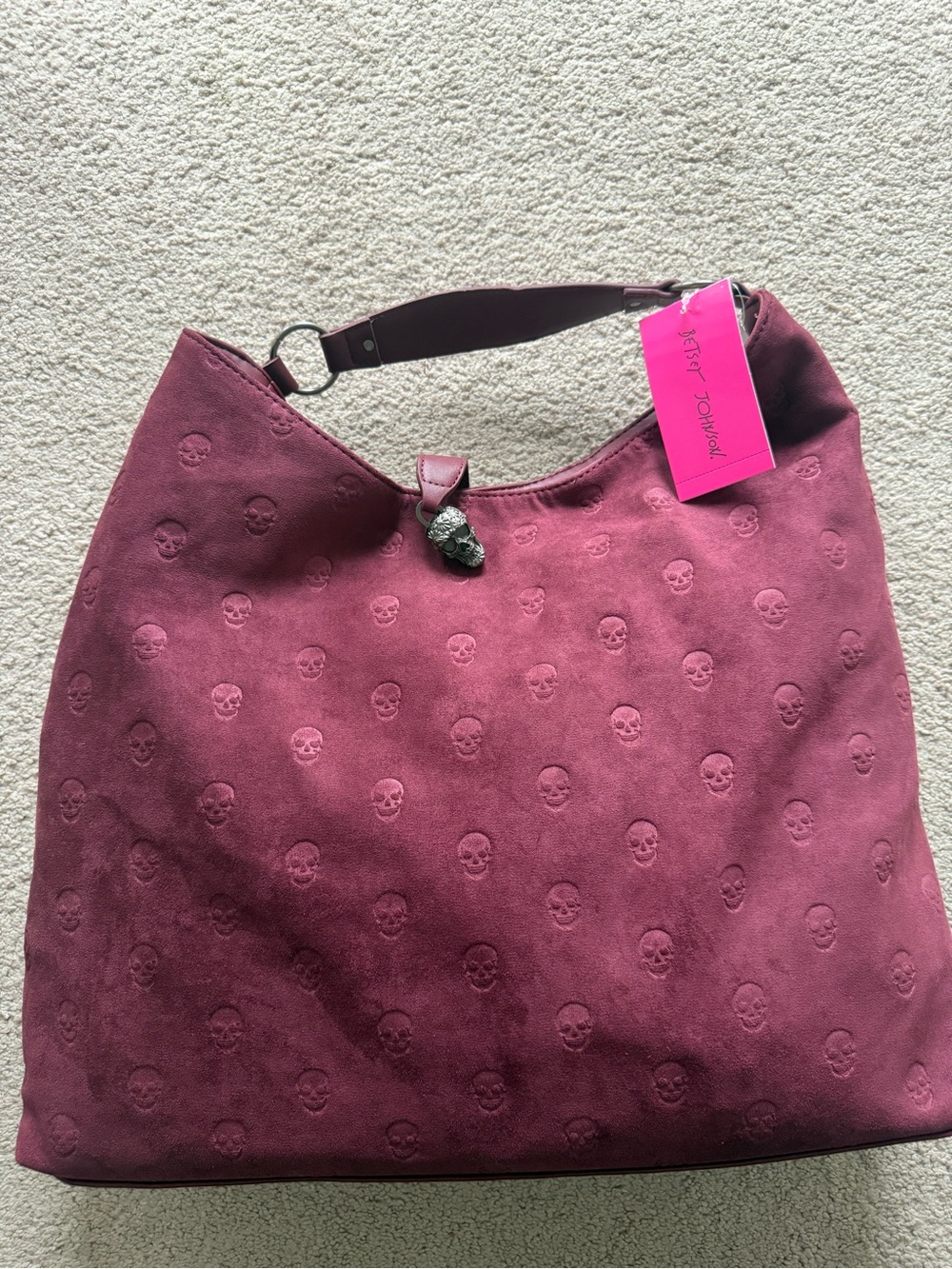 Viral Maroon Betsey Johnson Suede-Textured Skull Print Hobo Bag